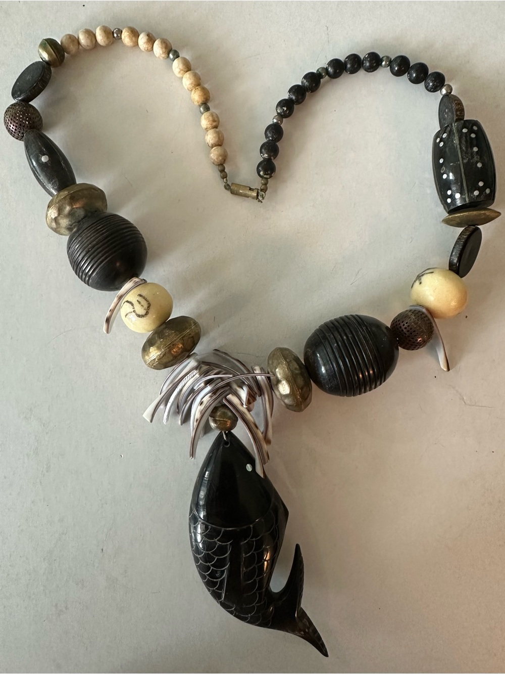 Vintage Tribal Ethnic Statement Necklace Fish Shell Large Beads Avant Garde
